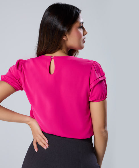 Pleated Sleeve Round Neck Pink Top